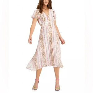 LUCY‎ PARIS Printed Smocked Waist Pleated Midi Dress in Pink Snake